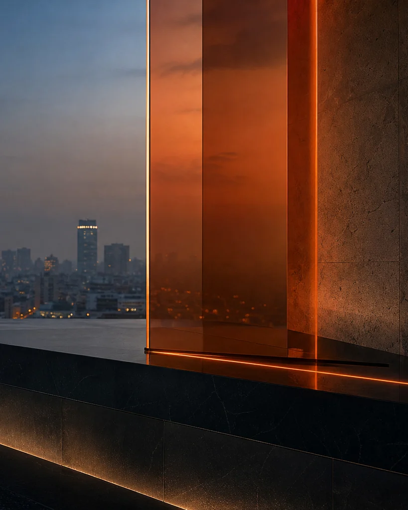 The Haq offices at dusk, amber glass standing above the Cairo skyline