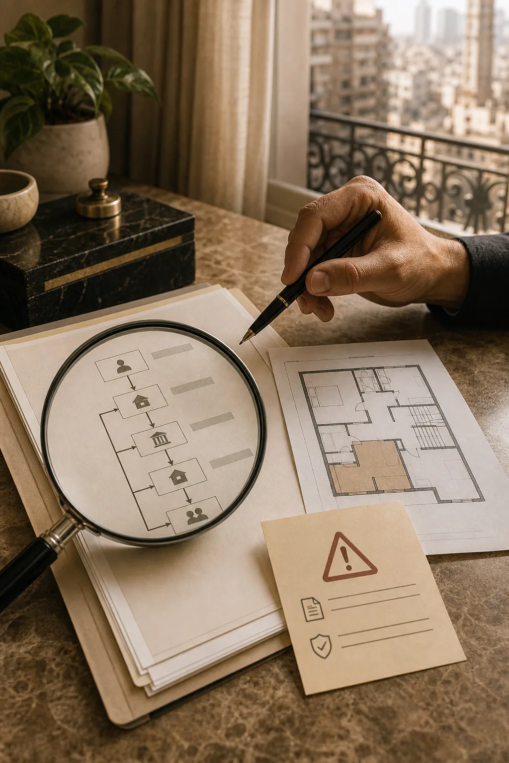 A hand pauses over an Egyptian apartment sale contract beside a title checklist