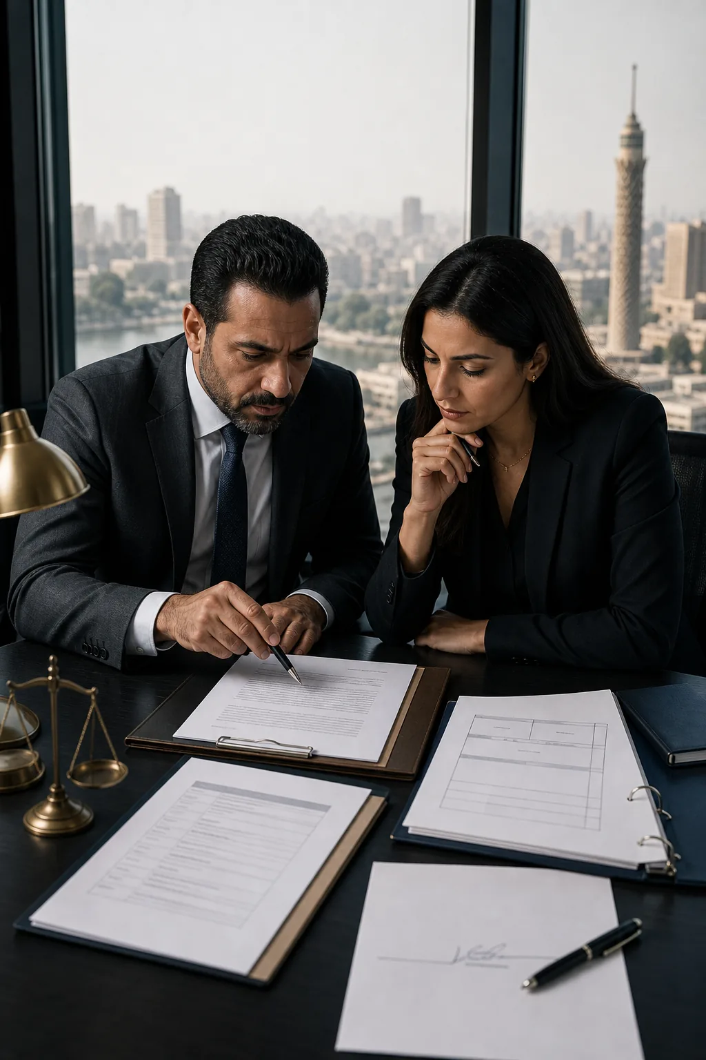 Two business representatives compare a commercial register and a company signing authority file